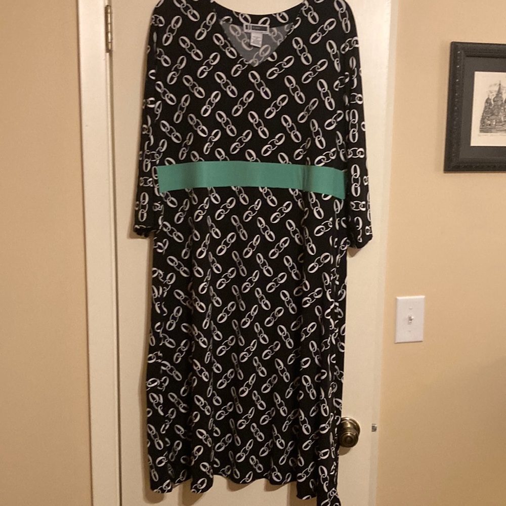 Studio black dress with white link print green waistband